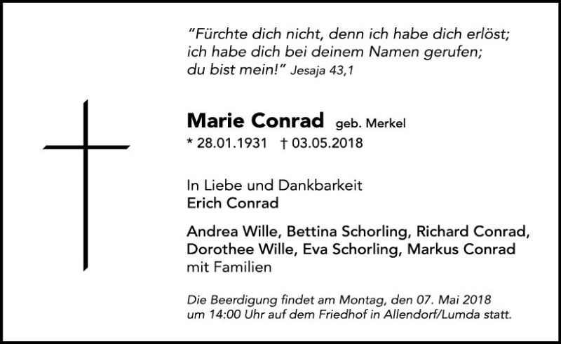  Traueranzeige für Marie Conrad vom 05.05.2018 aus  Gießener Anzeiger