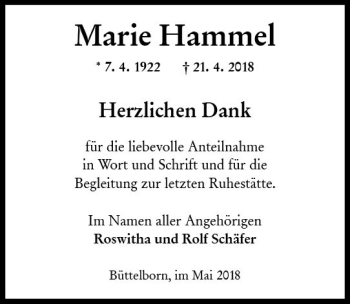 Traueranzeige von Marie Hammel von Trauerportal Rhein Main Presse
