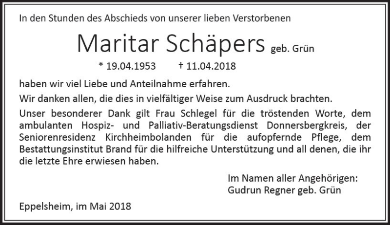  Traueranzeige für Maritar Schäpers vom 19.05.2018 aus Trauerportal Rhein Main Presse