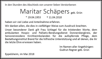 Traueranzeige von Maritar Schäpers von Trauerportal Rhein Main Presse