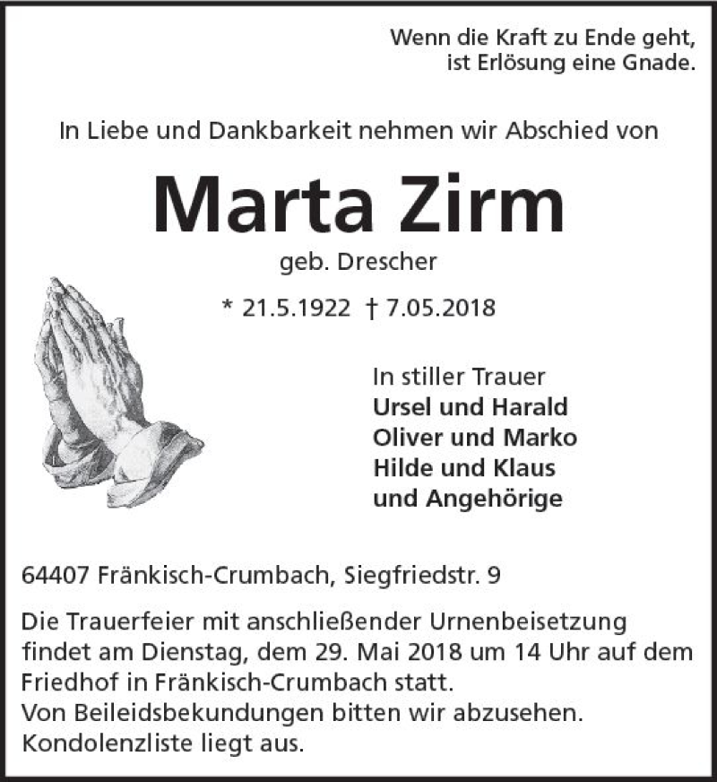  Traueranzeige für Marta Zirm vom 26.05.2018 aus Trauerportal Rhein Main Presse