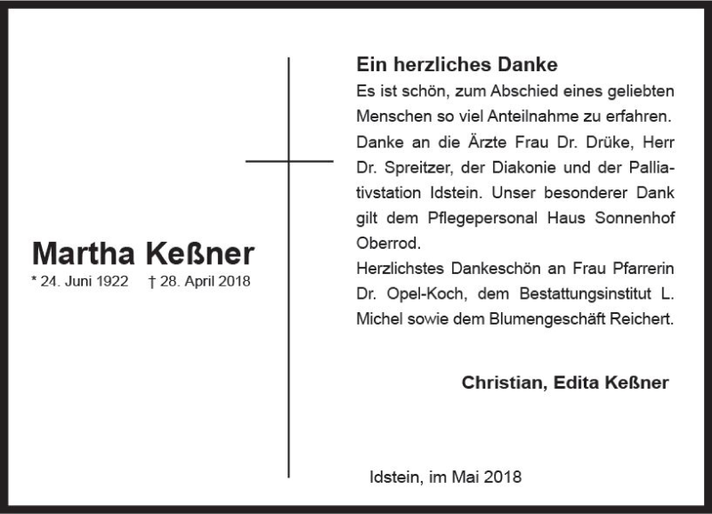  Traueranzeige für Martha Keßner vom 19.05.2018 aus Trauerportal Rhein Main Presse