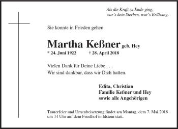 Traueranzeige von Martha Keßner von Trauerportal Rhein Main Presse