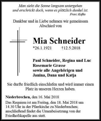 Traueranzeige von Mia Schneider von  Camberger Anzeiger