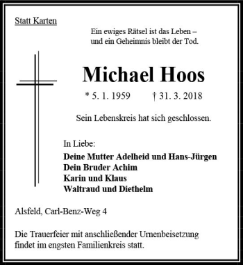 Traueranzeige von Michael Hoos von VRM Trauer