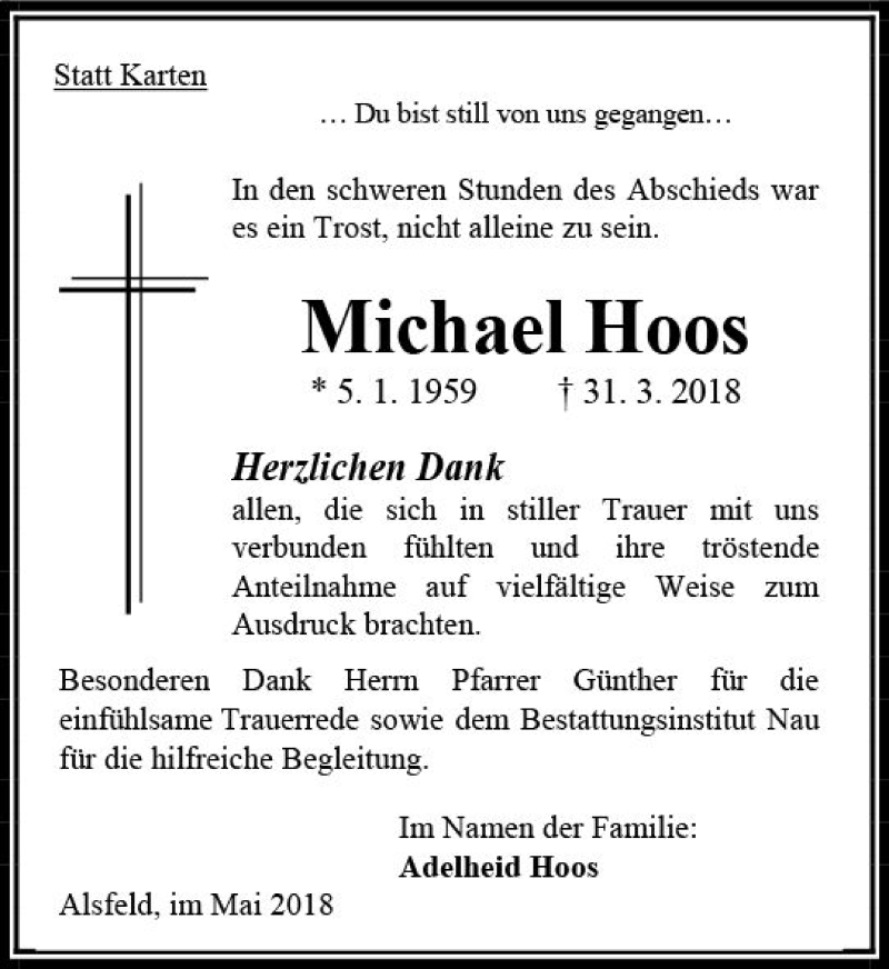  Traueranzeige für Michael Hoos vom 26.05.2018 aus VRM Trauer