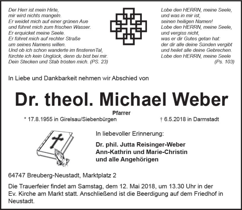  Traueranzeige für Michael Weber vom 09.05.2018 aus Trauerportal Rhein Main Presse