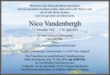 Traueranzeige von Nico Vandenbergh von  Usinger Anzeiger