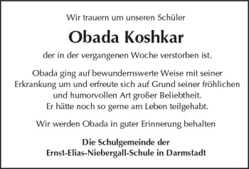 Traueranzeige von Obada Koshkar von Trauerportal Rhein Main Presse
