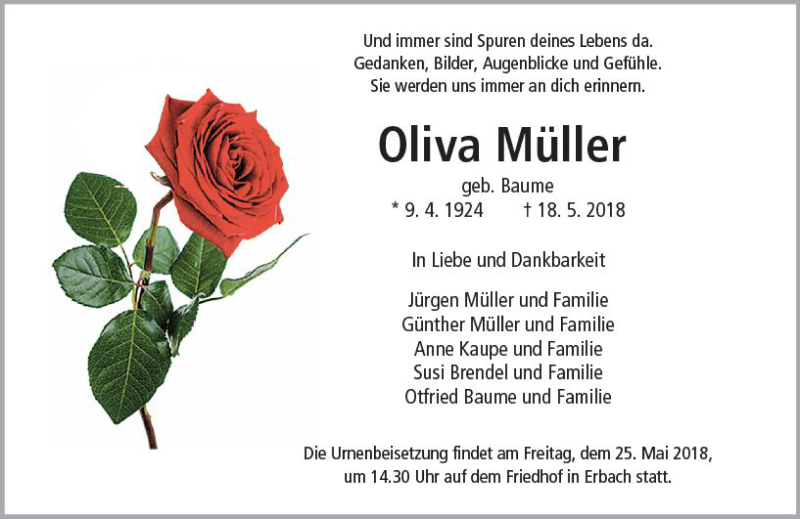  Traueranzeige für Oliva Müller vom 24.05.2018 aus  Camberger Anzeiger