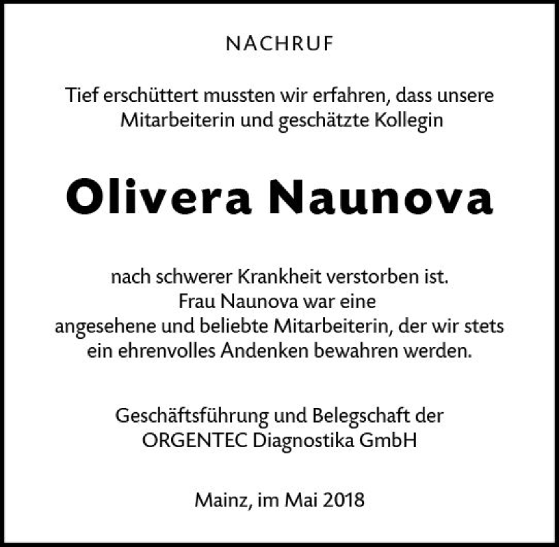  Traueranzeige für Olivera Naunova vom 25.05.2018 aus Trauerportal Rhein Main Presse