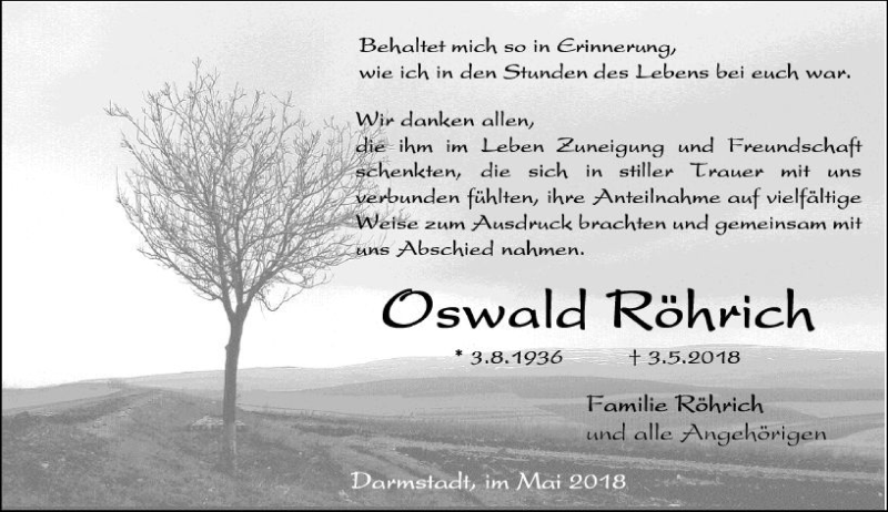  Traueranzeige für Oswald Röhrich vom 26.05.2018 aus Trauerportal Rhein Main Presse