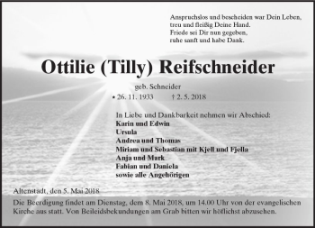 Traueranzeige von Ottilie Reifschneider von  Kreisanzeiger