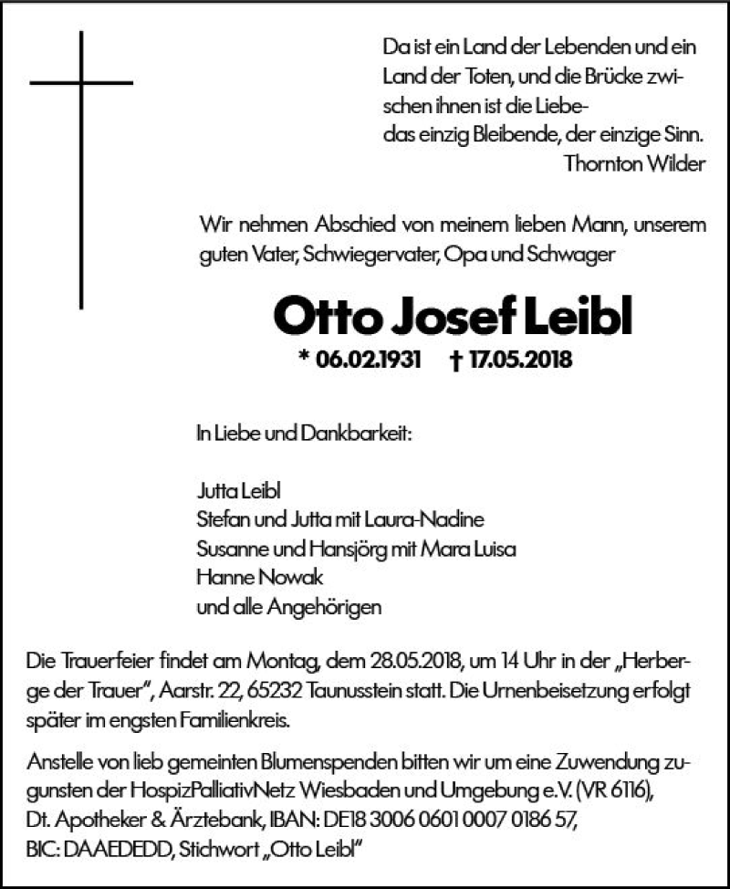  Traueranzeige für Otto Josef Leibl vom 23.05.2018 aus Trauerportal Rhein Main Presse