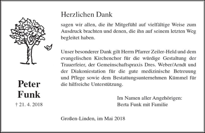  Traueranzeige für Peter Funk vom 12.05.2018 aus  Gießener Anzeiger