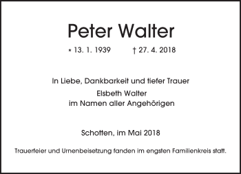 Traueranzeige von Peter Walter von  Kreisanzeiger