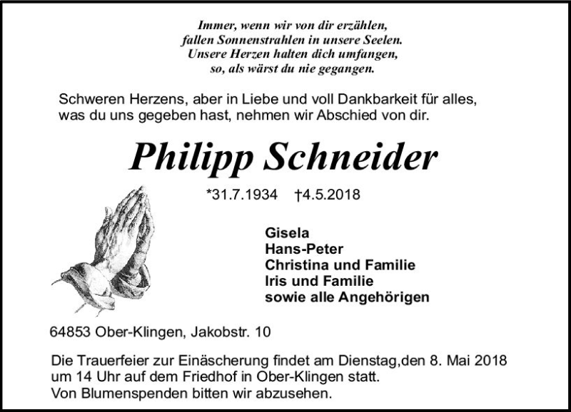  Traueranzeige für Philipp Schneider vom 07.05.2018 aus Trauerportal Rhein Main Presse