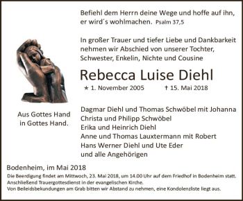 Traueranzeige von Rebecca Luise Diehl von Trauerportal Rhein Main Presse