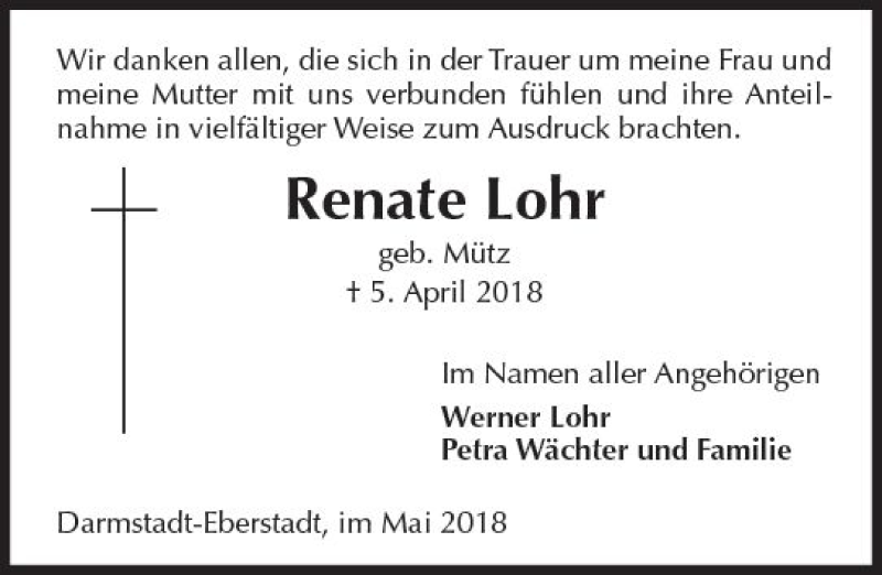  Traueranzeige für Renate Lohr vom 05.05.2018 aus Trauerportal Rhein Main Presse