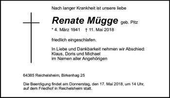 Traueranzeige von Renate Mügge von Trauerportal Rhein Main Presse