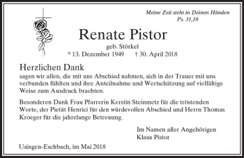 Traueranzeige von Renate Pistor von  Usinger Anzeiger