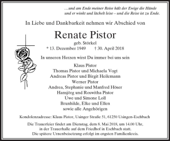 Traueranzeige von Renate Pistor von  Usinger Anzeiger