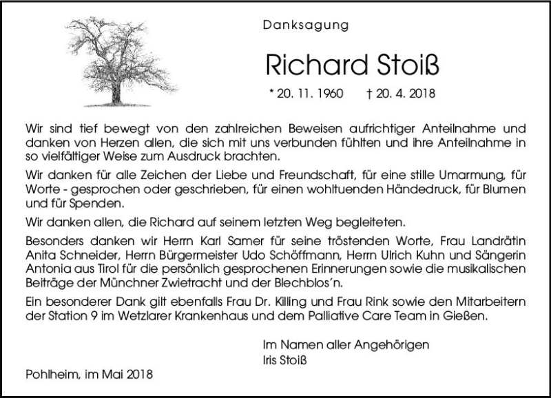  Traueranzeige für Richard Stoiß vom 12.05.2018 aus  Gießener Anzeiger