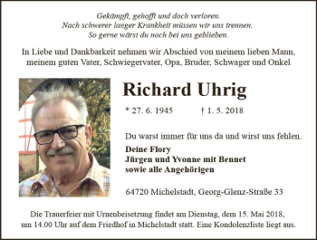 Traueranzeige von Richard Uhrig von Trauerportal Rhein Main Presse