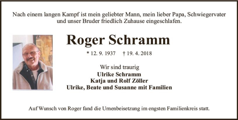  Traueranzeige für Roger Schramm vom 12.05.2018 aus Trauerportal Rhein Main Presse