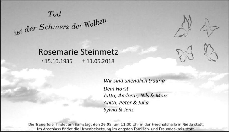  Traueranzeige für Rosemarie Steinmetz vom 24.05.2018 aus  Kreisanzeiger