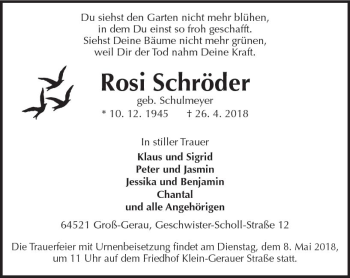 Traueranzeige von Rosi Schröder von Trauerportal Rhein Main Presse