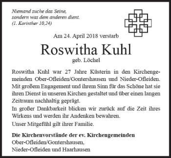 Traueranzeige von Roswitha Kuhl von VRM Trauer