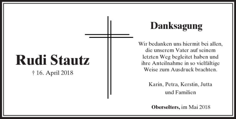  Traueranzeige für Rudi Stautz vom 11.05.2018 aus  Camberger Anzeiger