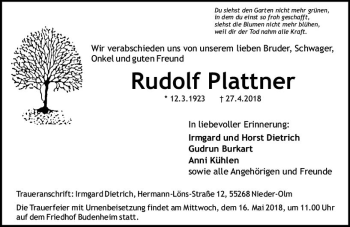Traueranzeige von Rudolf Plattner von Trauerportal Rhein Main Presse