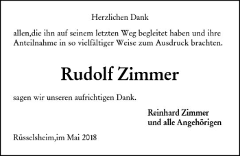 Traueranzeige von Rudolf Zimmer von Trauerportal Rhein Main Presse
