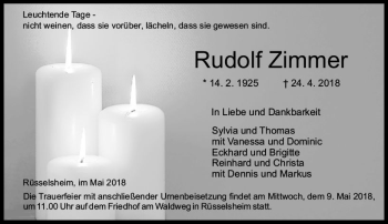 Traueranzeige von Rudolf Zimmer von Trauerportal Rhein Main Presse