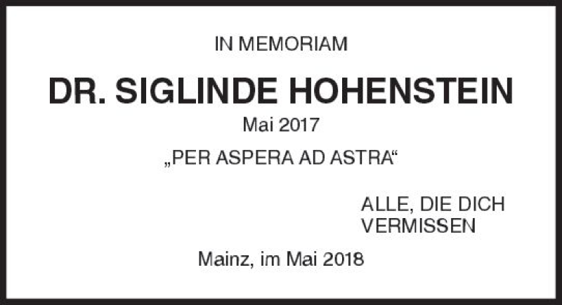  Traueranzeige für Siglinde Hohenstein vom 18.05.2018 aus Trauerportal Rhein Main Presse