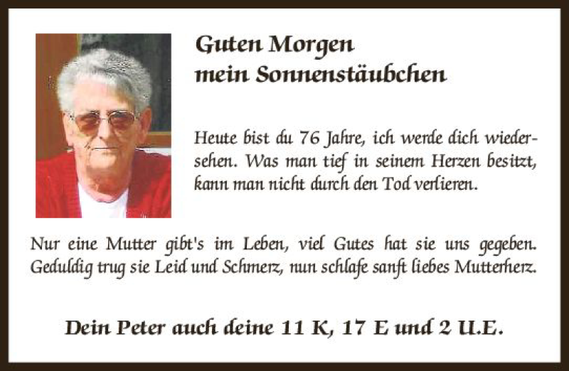  Traueranzeige für Sonnenstäubchen  vom 25.05.2018 aus Trauerportal Rhein Main Presse
