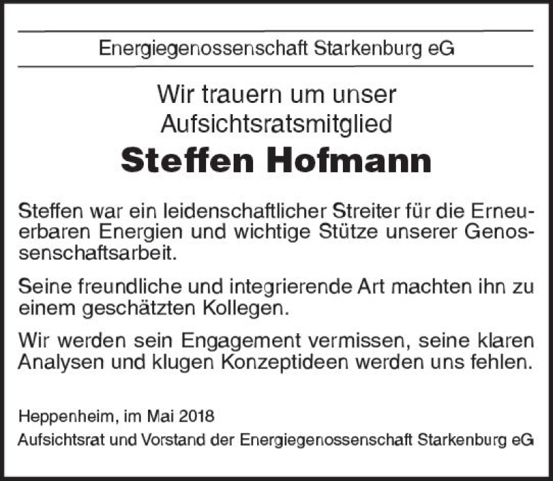  Traueranzeige für Steffen Hofmann vom 23.05.2018 aus Trauerportal Rhein Main Presse