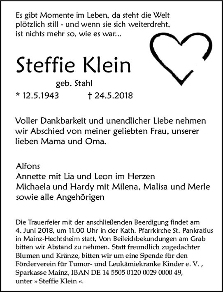  Traueranzeige für Steffie Klein vom 30.05.2018 aus Trauerportal Rhein Main Presse
