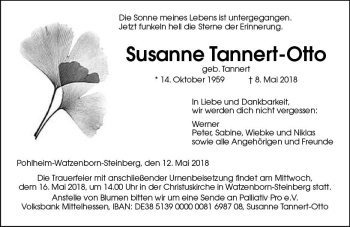 Traueranzeige von Susanne Tannert-Otto von  Gießener Anzeiger