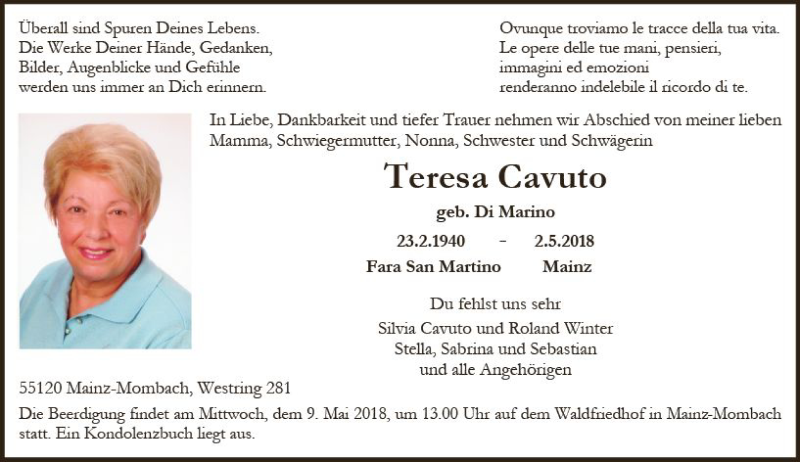  Traueranzeige für Teresa Cavuto vom 05.05.2018 aus Trauerportal Rhein Main Presse
