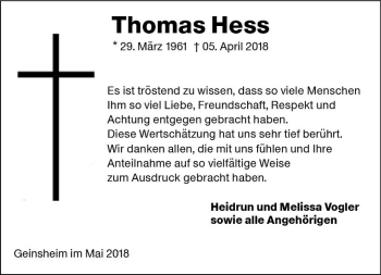 Traueranzeige von Thomas Hess von Trauerportal Rhein Main Presse