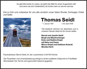 Traueranzeige von Thomas Seidl von Trauerportal Rhein Main Presse
