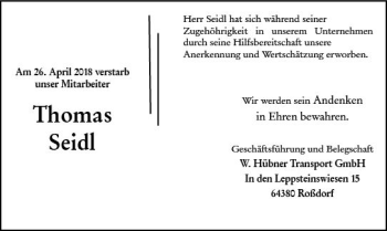 Traueranzeige von Thomas Seidl von Trauerportal Rhein Main Presse