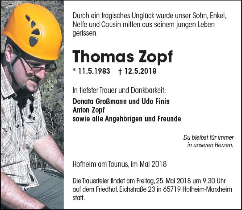  Traueranzeige für Thomas Zopf vom 23.05.2018 aus Trauerportal Rhein Main Presse