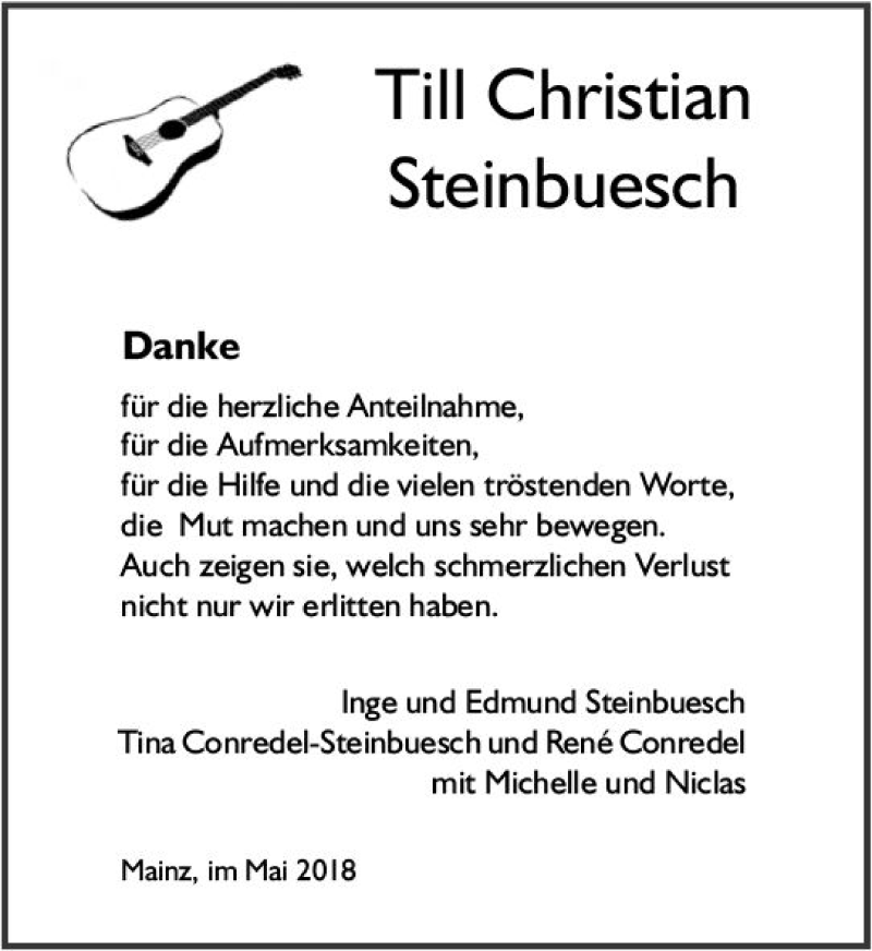  Traueranzeige für Till Christian Steinbuesch vom 26.05.2018 aus Trauerportal Rhein Main Presse