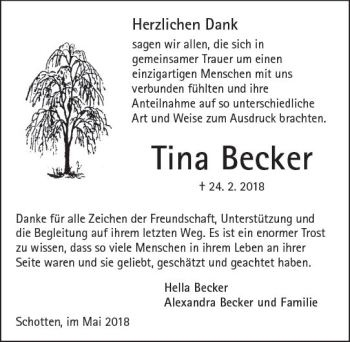 Traueranzeige von Tina Becker von  Kreisanzeiger
