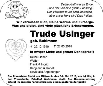 Traueranzeige von Trude Usinger von  Usinger Anzeiger