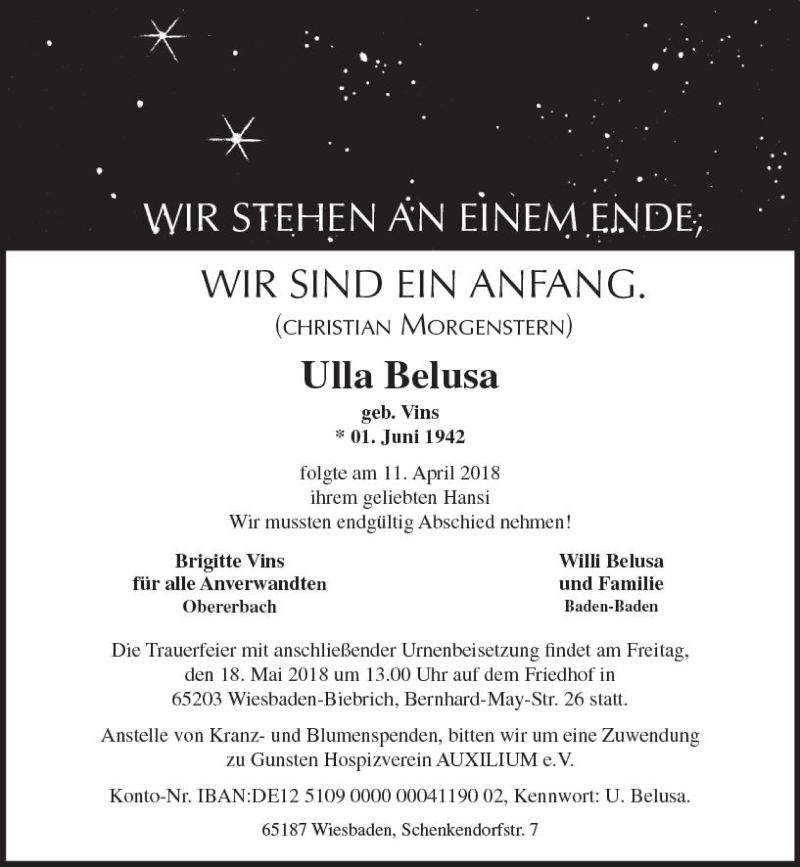  Traueranzeige für Ulla Belusa vom 05.05.2018 aus Trauerportal Rhein Main Presse